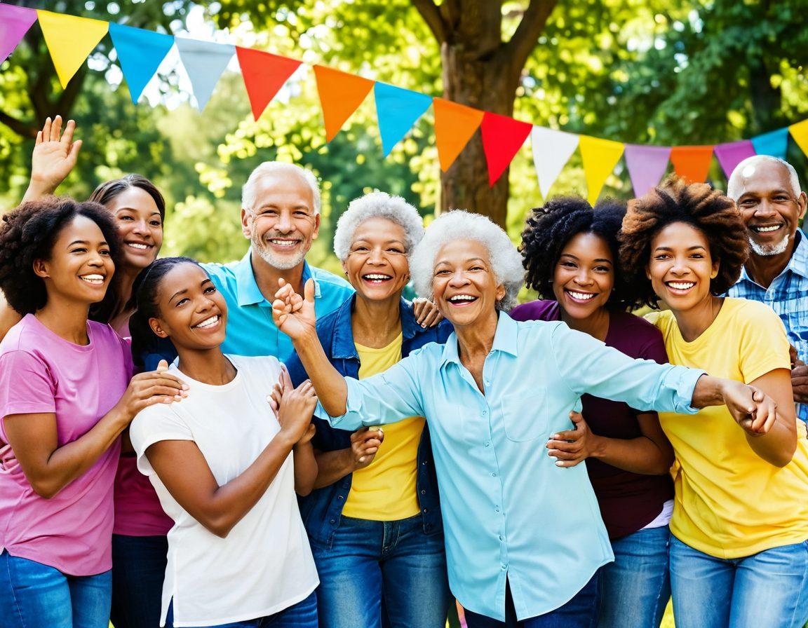 A diverse group of people of all ages actively participating in a community gathering, sharing warm smiles and helping each other, surrounded by colorful banners of love and appreciation. In the background, a vibrant park setting with blooming flowers and trees enhances the sense of community. Emphasize connection through gestures like hugs, handshakes, and laughter. Bright, uplifting atmosphere. super-realistic. vibrant colors. 3D.