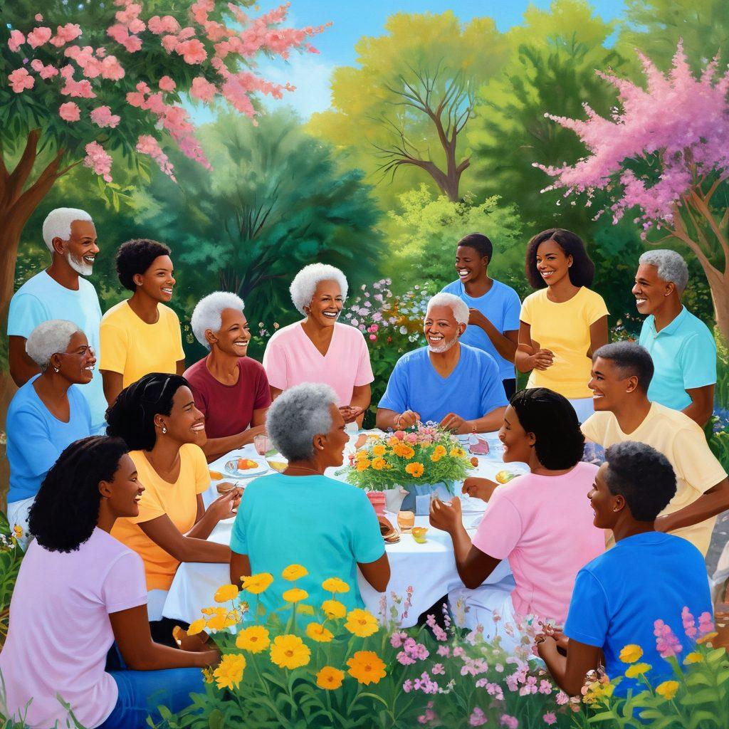 A warm and inviting community gathering scene, featuring diverse groups of people engaging in heartfelt conversations, sharing laughs, and supporting each other, surrounded by nature with blooming flowers symbolizing growth. The atmosphere is filled with love and connection, showcasing individuals of different ages and backgrounds. soft pastel colors. vibrant community vibe. painting.